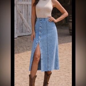 Cactus Tack & Apparel Denim Midi Skirt | Western Button Front Slit | Size L